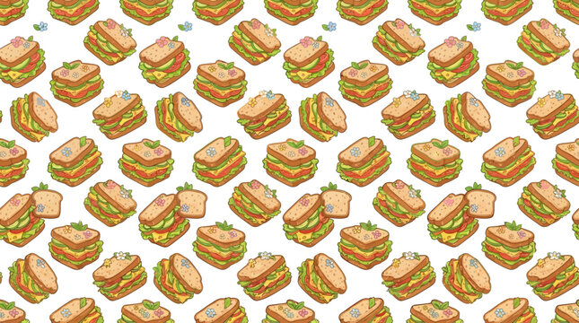 Hand-drawn sandwich pattern, isolated on white