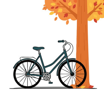 Bicycle leans against a tree with autumn leaves in a park setting