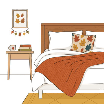 Flat vector design of a fall-themed bedroom with autumn decor and cozy items for a relaxing atmosphere