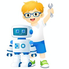 Cute schoolboy with eyeglasses holding wrench standing next to robot cartoon illustration isolated on white background stem robotics concept