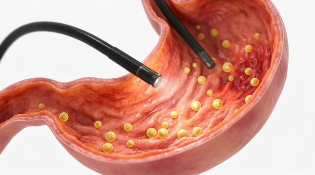 A detailed 3D rendering of an endoscope inside a stomach, illustrating stomach health and diagnostic medical procedures.
