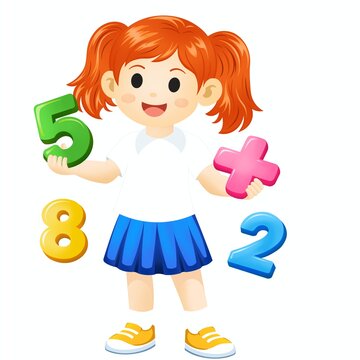 Cute schoolgirl with floating colorful numbers and plus sign cartoon illustration isolated on white background math education concept