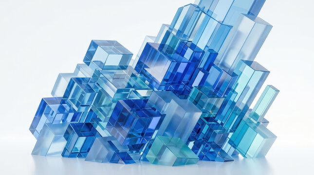 Abstract composition featuring cluster of transparent blue glass cubes layered in geometric formation for digital design and modern graphic art theme.