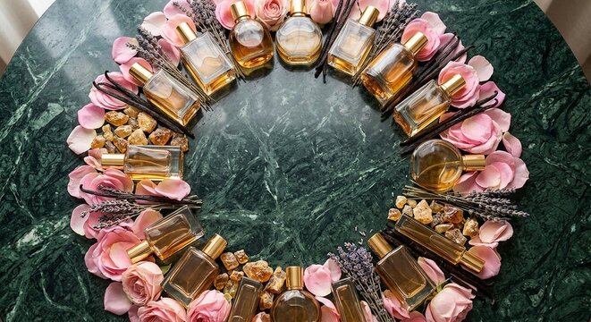 Luxury perfume and fragrance background with glass flacons, rose petals and vanilla pods on dark marble with copy space
