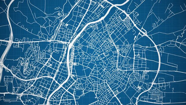 Ink reveal animation of Valladolid (Pucela) city, Spain (Espa&ntilde;a), grid map. Aerial top view. Blueprint style. White lines with blue background. 4K Seamless loop.