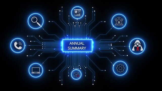 Annual summary digital infographic with cybersecurity and business network glowing tech interface animation