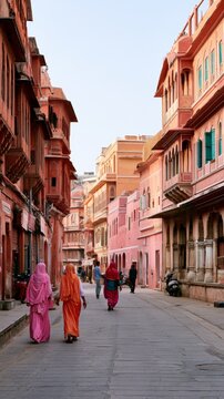 Exploring traditional streets in Jaipur with local residents in colorful clothing Generative AI