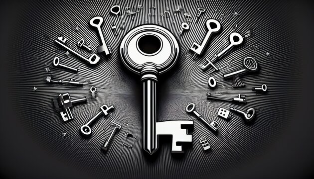 black circular graphic with radiating key shapes