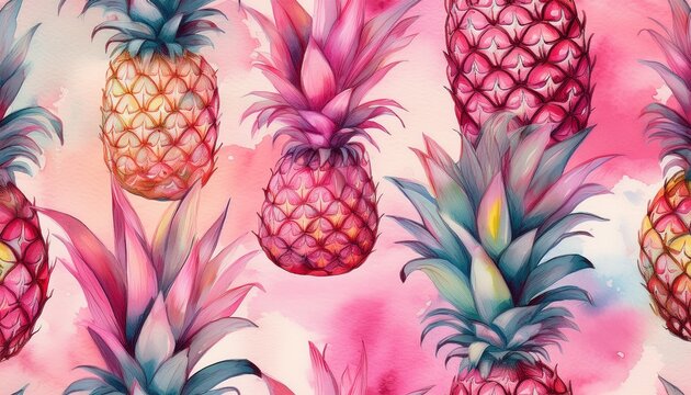 seamless repeat pattern with painted pink pineapples against a soft blurred watercolor background