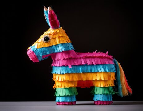 a colorful pinata in the shape of a donkey against a black background