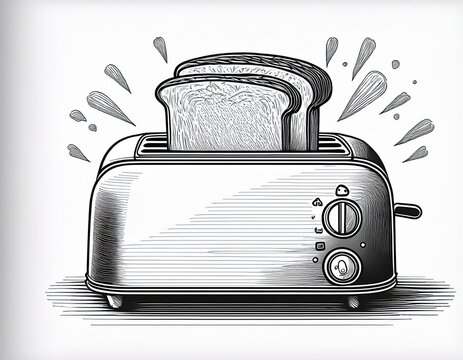 toaster with bread popping with line drawing toaster black white