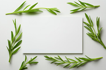 Fototapeta premium A blank white card surrounded by fresh green herb sprigs on a light background.