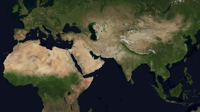 Satellite map animation zooming in on the Strait of Hormuz in the Middle East