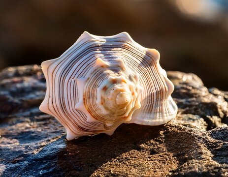 close up of a spiky cream colored marine conch shell resting on a textured multi toned rock surface sunlight bathes the scene