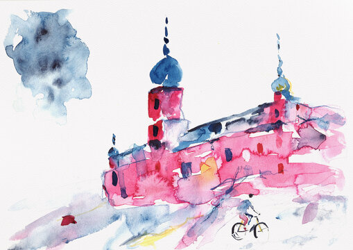 Royal Castle in Warsaw with Cyclist, Expressive Cityscape &ndash; Hand-Painted Watercolor