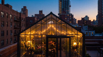 Fototapeta premium Glowing Rooftop Greenhouse Illuminated at Dusk With City Skyline in the Background, Urban Glass Conservatory Lit From Within Against the Evening Sky