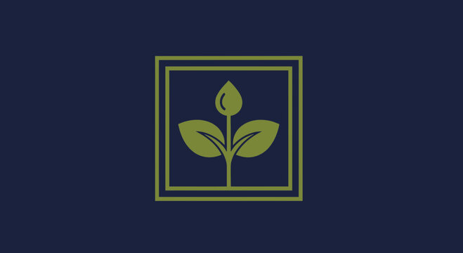 Minimalist plant logo with two leaves inside double square frame on dark blue background.