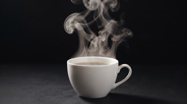 Steaming cup of hot coffee or tea in a white ceramic mug with visible swirls of vapor against a dark black background