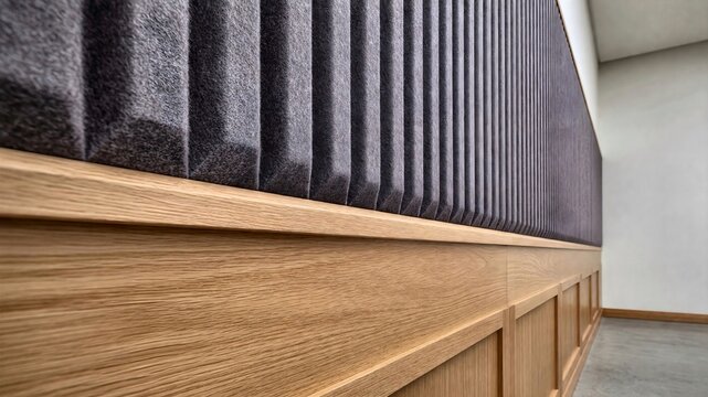 Modern interior wall with acoustic felt panels and natural light wood wainscoting paneling