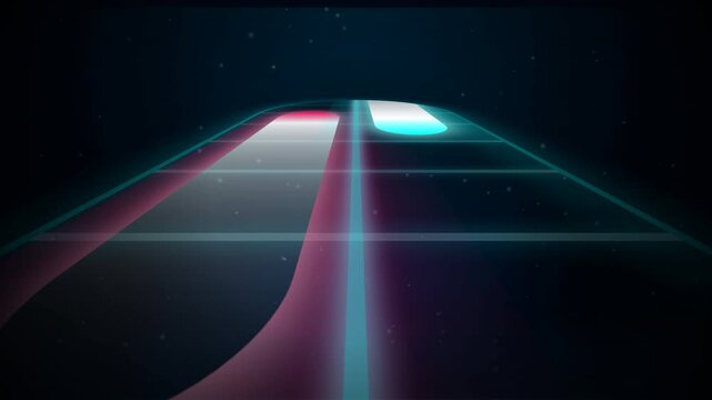 Futuristic Hyper Train: A fast-paced, abstract animation featuring glowing neon lights speeding down a digital grid track, representing high-speed futuristic transport and travel through cyberspace