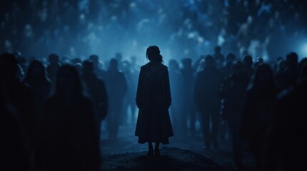 Fototapeta premium Mysterious Silhouette of a Lone Woman Standing Still in a Dense Dark Crowd with Cinematic Blue Lighting and Foggy Atmosphere