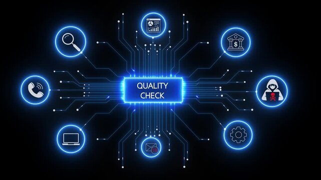 Check digital interface with cyber security and data protection futuristic network technology concept, glowing blue circuit board animation