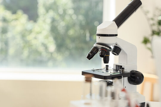 Modern white and black microscope with glass slides on a laboratory table by a window with blurred green trees, the background features a blurred window with green trees
