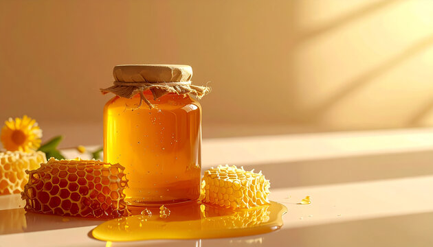 Frasco de vidrio de miel pura con panal de abejas y cera