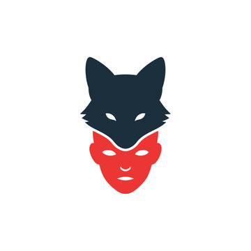 Human face with fox head mask graphic