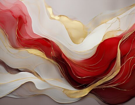 flowing abstract composition featuring translucent layered textures in red white and gold against gray