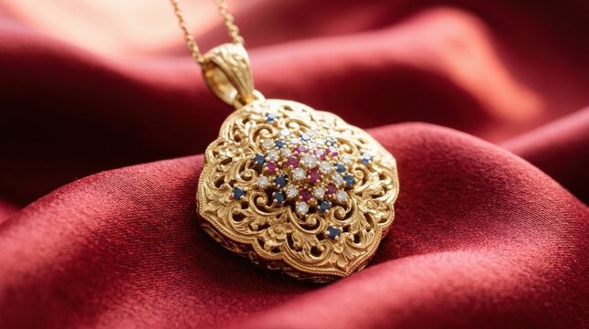 Ornate gold locket pendant is presented adorned with a colorful gemstone cluster upon red silk. Luxury jewelry concept
