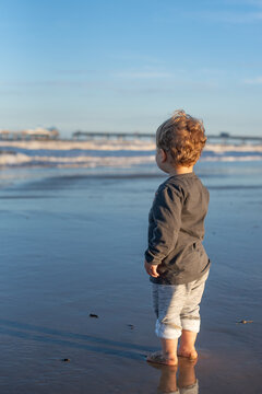 Baby boy on the beach looking at the sea