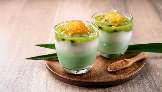 a glass of traditional southeast asian cendol dessert with coconut milk and palm sugar