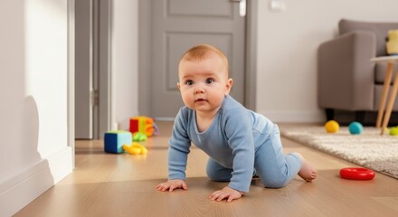 Naklejka premium Baby crawling on wooden floor with colorful toys.