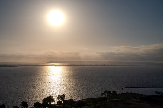 Bright Sun and Sunset Glow Over Ocean Horizon in Chula Vista, San Diego County, California