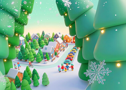 Illustration of children playing happily on a snowfield in front of the village.