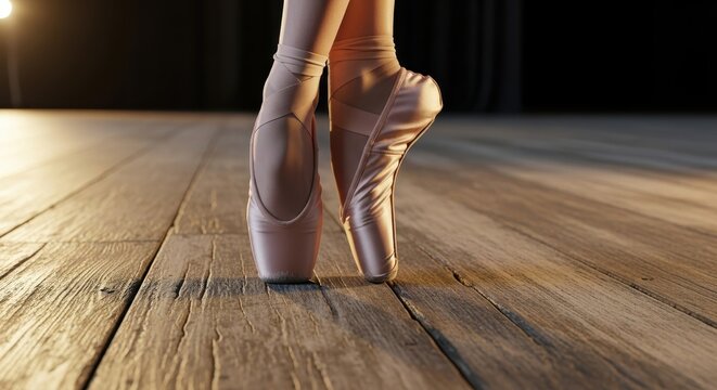 Ballet dancer pointe shoes on wooden floor in sunlight.