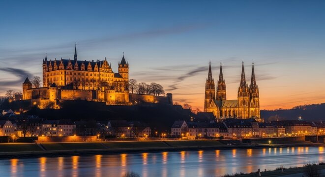 Bamberg Cathedral and Old Town at Dusk by the River.