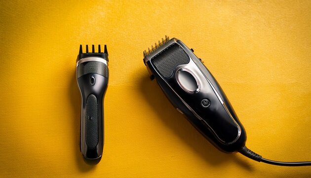 black electric hair trimmer and power adapter on textured yellow background conveying modern minimalist grooming readiness