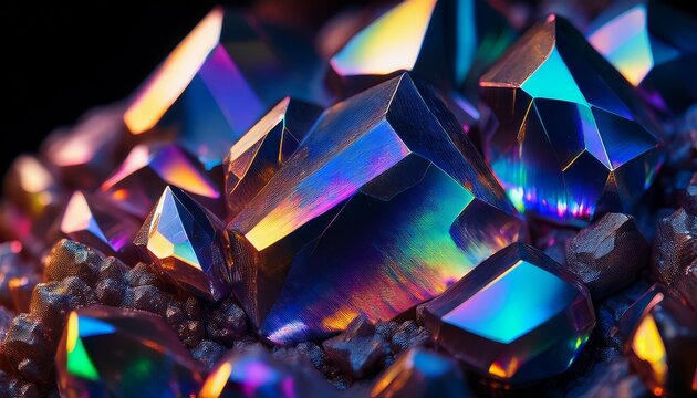 dark metallic iridescent crystals with holographic rainbow sheen and jagged mineral textures in a detailed macro view