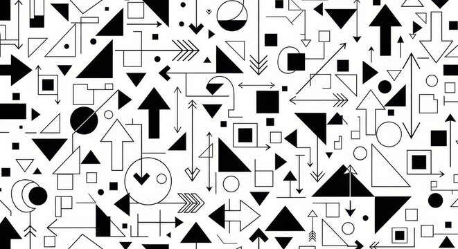 Black and white geometric pattern with arrows and shapes.