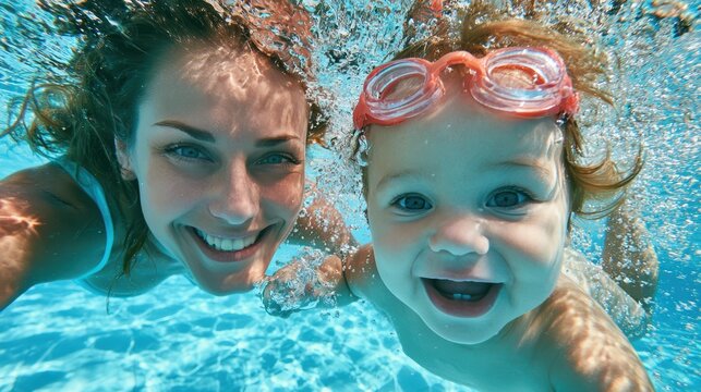 Cute smiling baby and mom having fun swimming and diving in the pool at the resort on summer vacation. Activities and sports to happy kid, family, holiday,