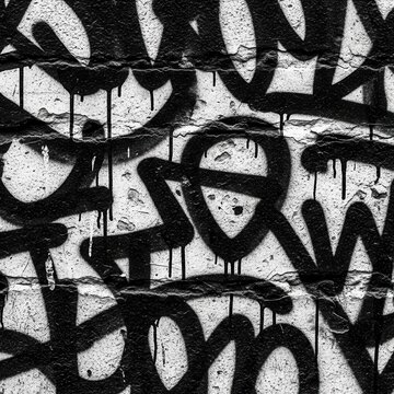 Black and white graffiti wall with dripping paint texture.