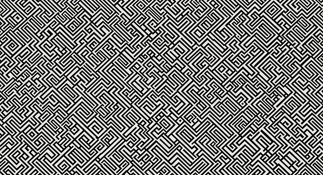 Black and white intricate geometric maze pattern texture.