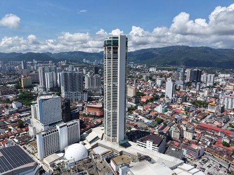 Aerial drone view of Komtar Tower, the tallest skyscraper in George Town, Penang, Malaysia. Taken November 14, 2024.