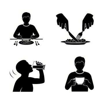 Black and white icons of people eating and drinking.