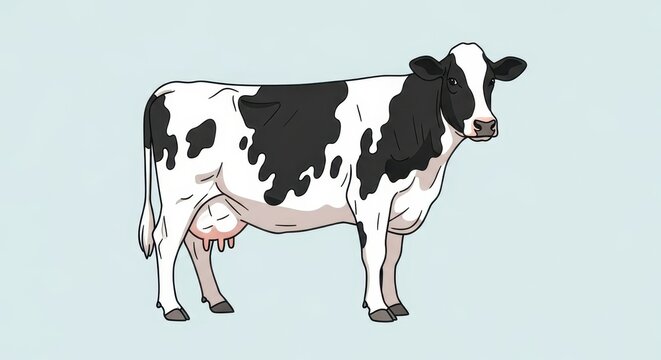 Black and white dairy cow illustration on light background.