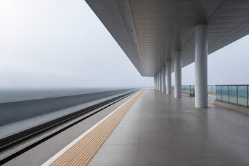 Fototapeta premium Modern empty railway station platform with white pillars and a roof on a foggy day. Minimalist architecture perspective view, overcast sky. Concept for public transit, travel, and design