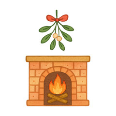 Fototapeta premium PNG Cozy fireplace with mistletoe illustration.