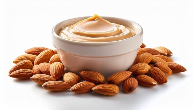 bowl of creamy almond butter isolated on white
